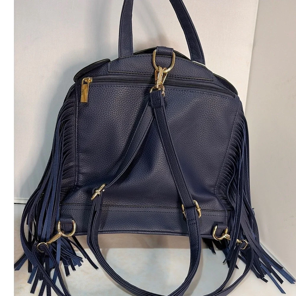 Le Miel Navy Blue Vegan Leather Moto Jacket Fringe Backpack Gold Hardware NWT